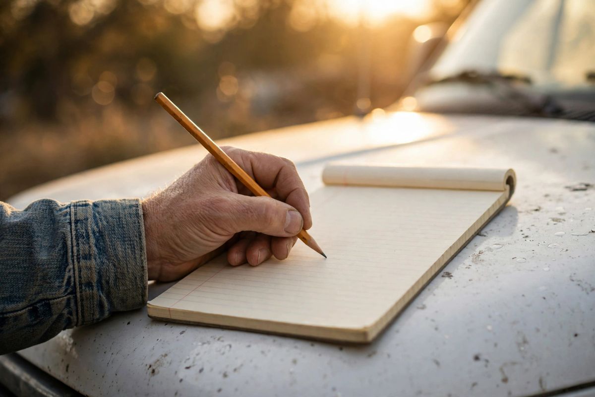 A work order being written out by hand in warm afternoon light
