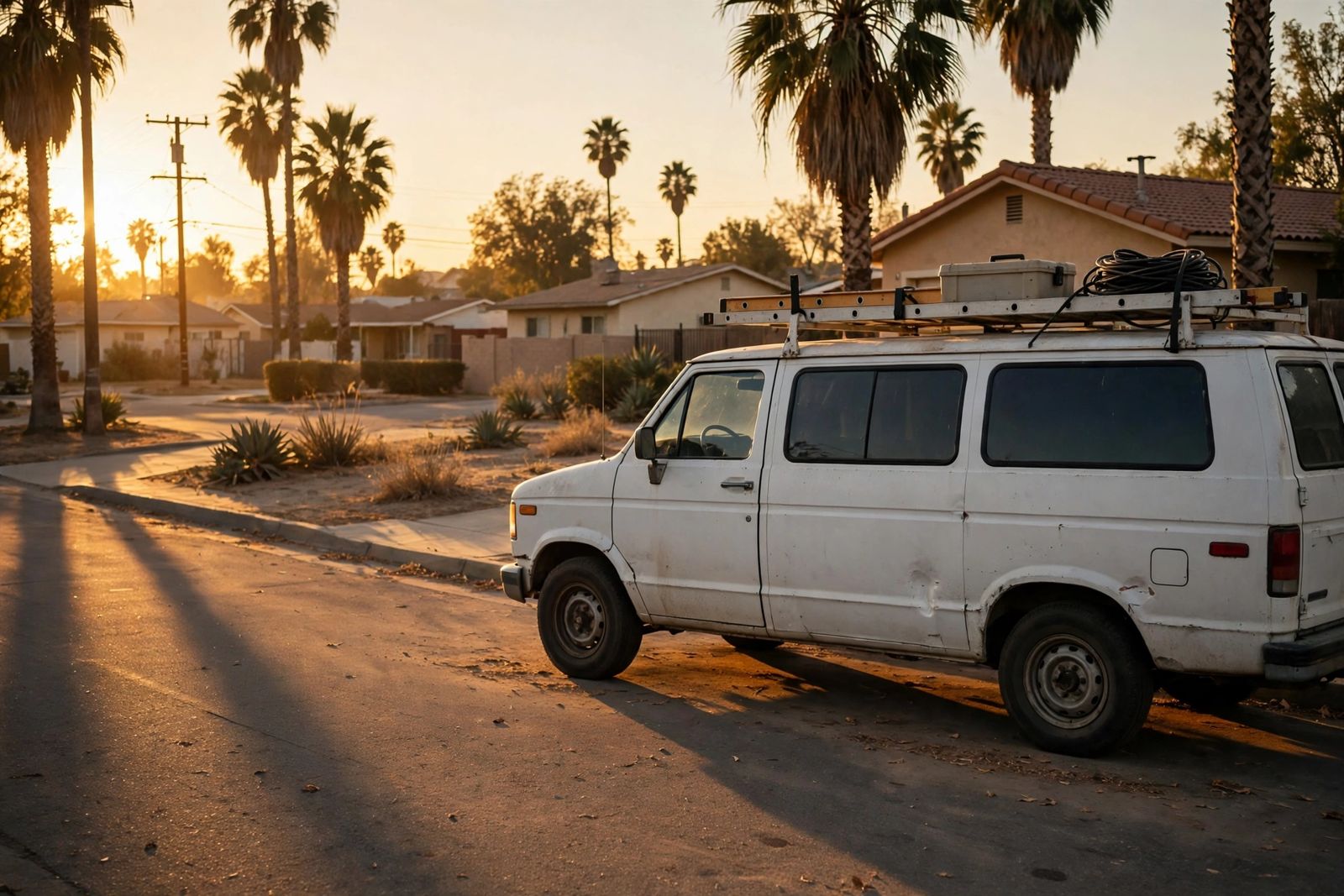 A work van on a quiet valley street at golden hour